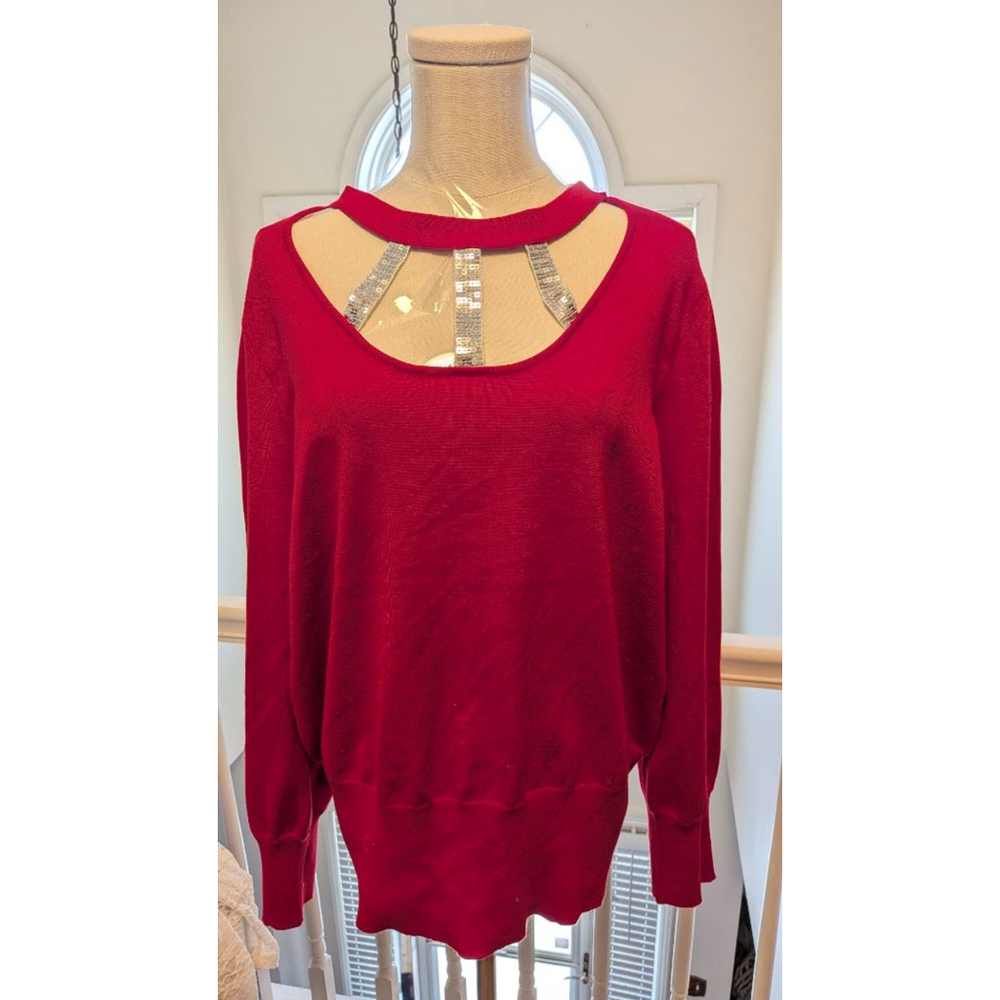 Alison Andrews Plus Red Sequin Cutout Sweater Long Sleeve Knit Top 2X NWT
